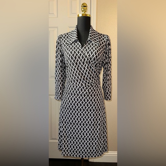 Laundry By Shelli Segal Dresses & Skirts - Laundry by Shelli Segal Black White Wrap Dress Size L Stretch Knit Long Sleeve